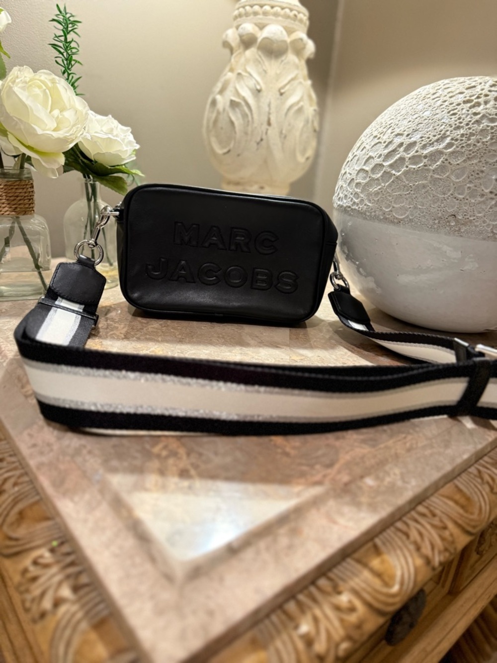 Marc Jacobs Black Leather Crossbody With Black and White Guitar Strap